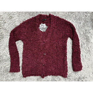 RXB Women's Teddy Knit Cardigan Sweater buttons up long sleeve in Maroon XS